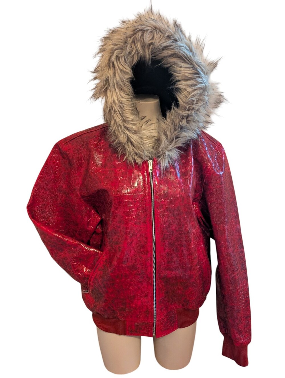 TSU The Sparks Up Ltd. Red Faux‑Leather Jacket with Fur Hood – Size Large